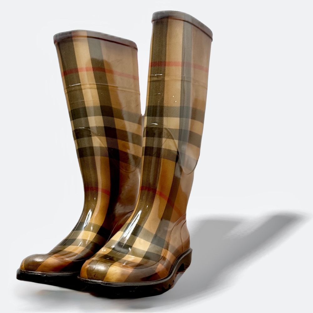Burberry House Check‎ Tall Rubber Rain Boots Nova Plaid Glossy 36 Italy US 5.5
